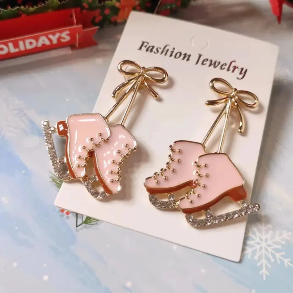Gold Christmas Ice Skate Earrings,  Alloy Dangle Earrings, Stainless Steel, NEW